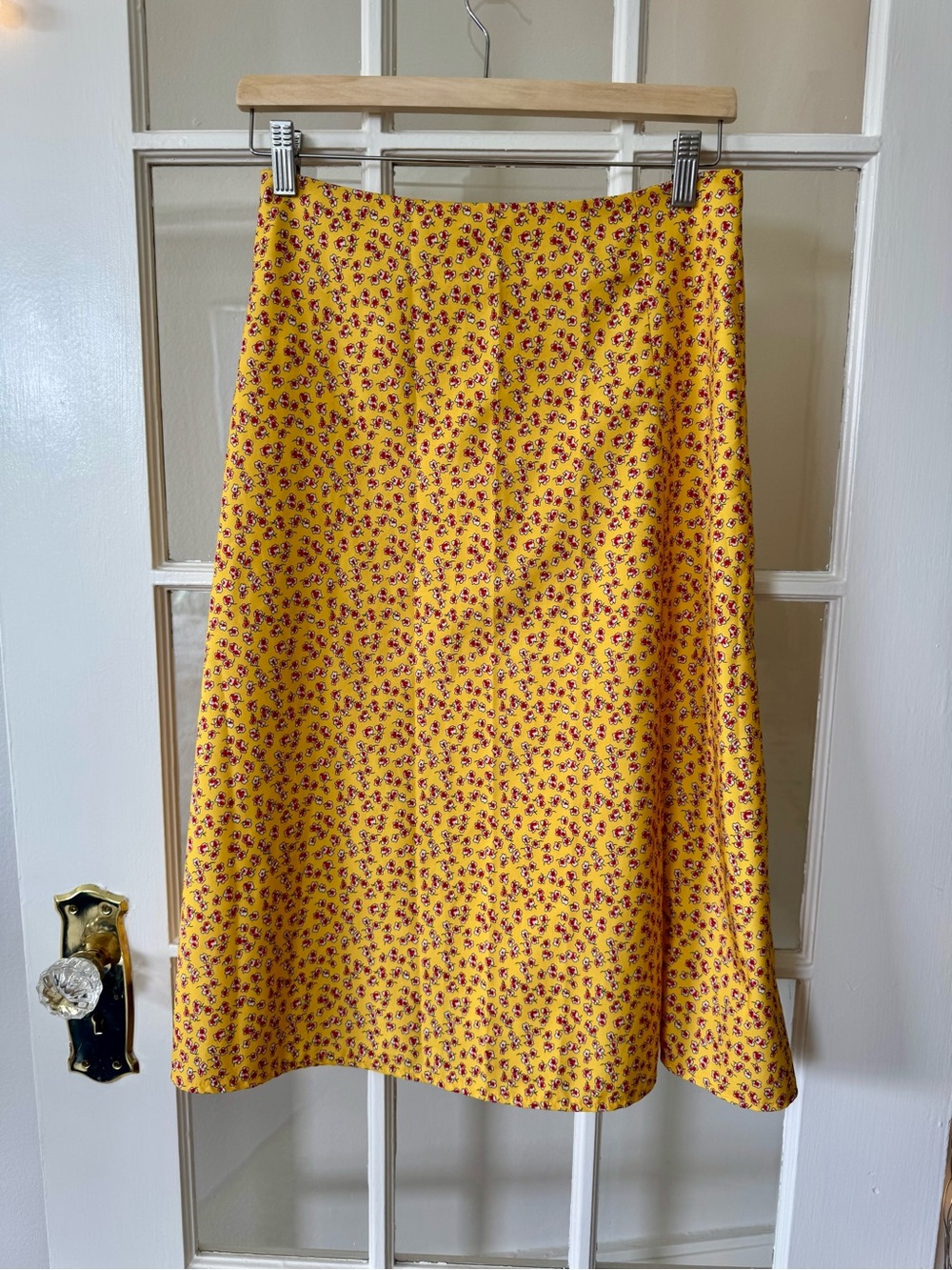 Yellow Floral A-Line Women's Skirt with Small Red Flowers (14” Waist / 28”)